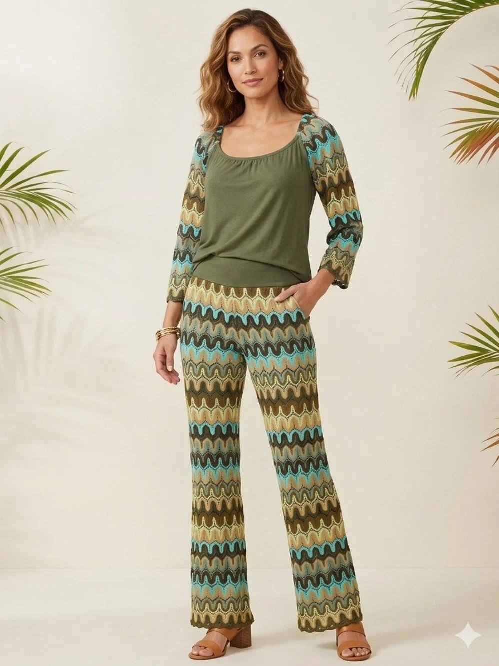 Vintage VaVa by Joy HaN Womens 70s Style Crochet Knit Two Piece Pants and Blouse